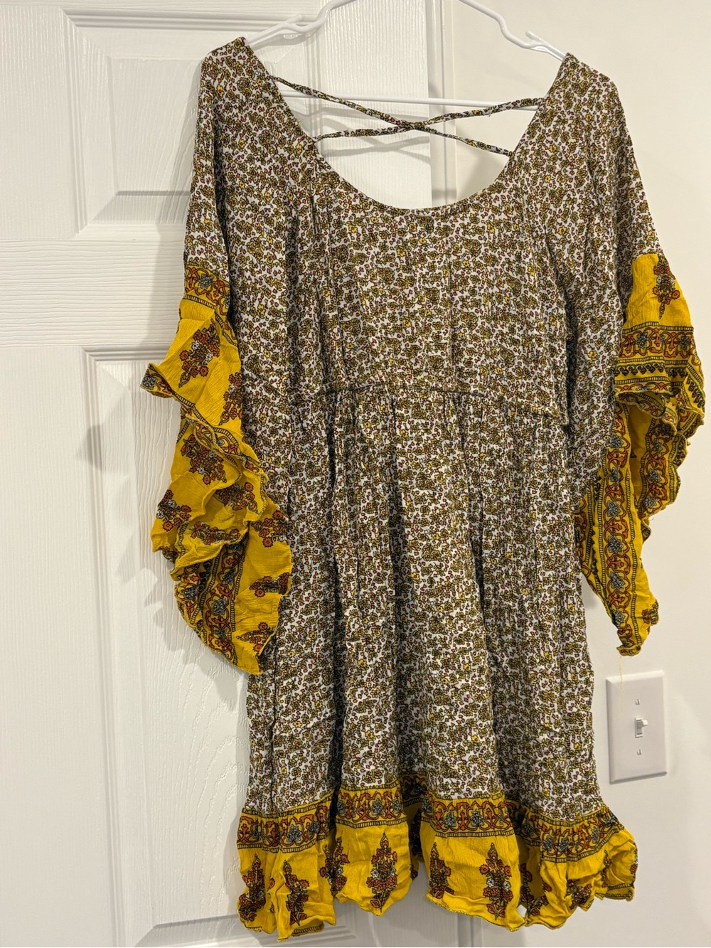 Boho Floral Smocked Midi Dress with Mustard Ruffle Trim